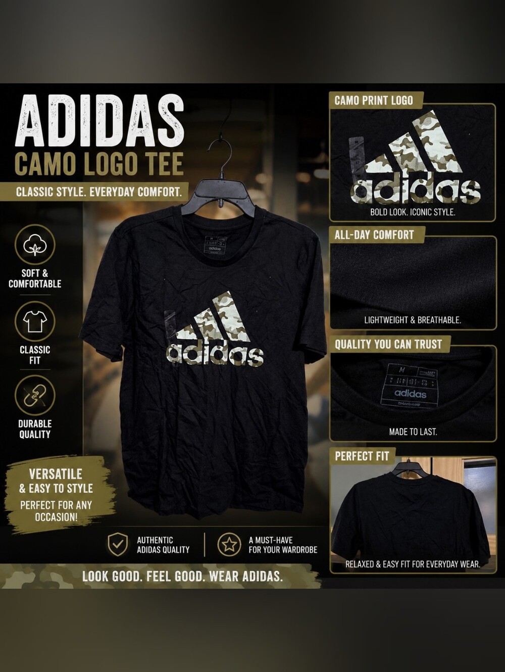 adidas Black Tee with Camo Logo